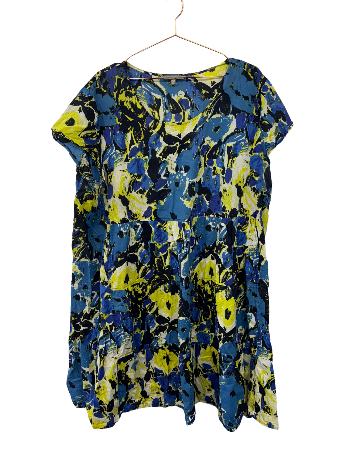 Blue, Yellow, Black, White Paint Print Cap Sleeve Tiered Dress