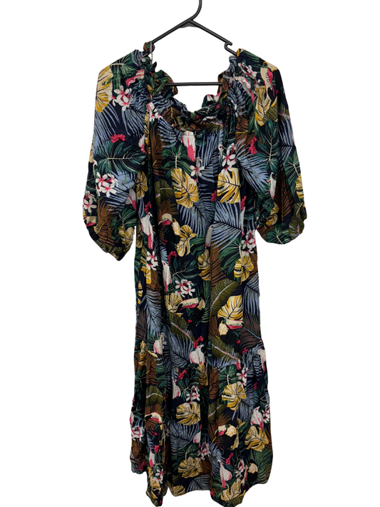 Dark Blue & Multicolour Puffy Sleeve Tropical Print Midi Dress