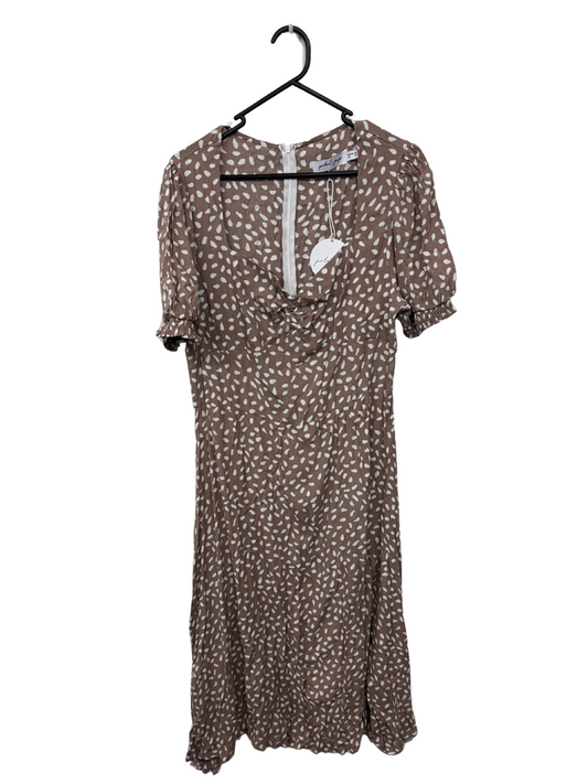 Light Brown & White Splotch Pattern Short Sleeve Midi Dress