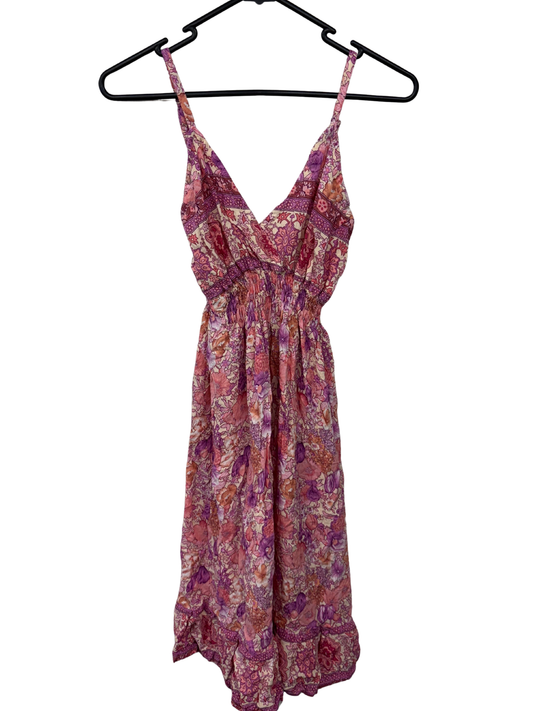 Cream, Pink, Purple Strappy Floral Knee Length Dress
