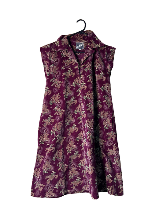 Vintage Maroon & Cream Corduroy Sleeveless Knee Length Dress