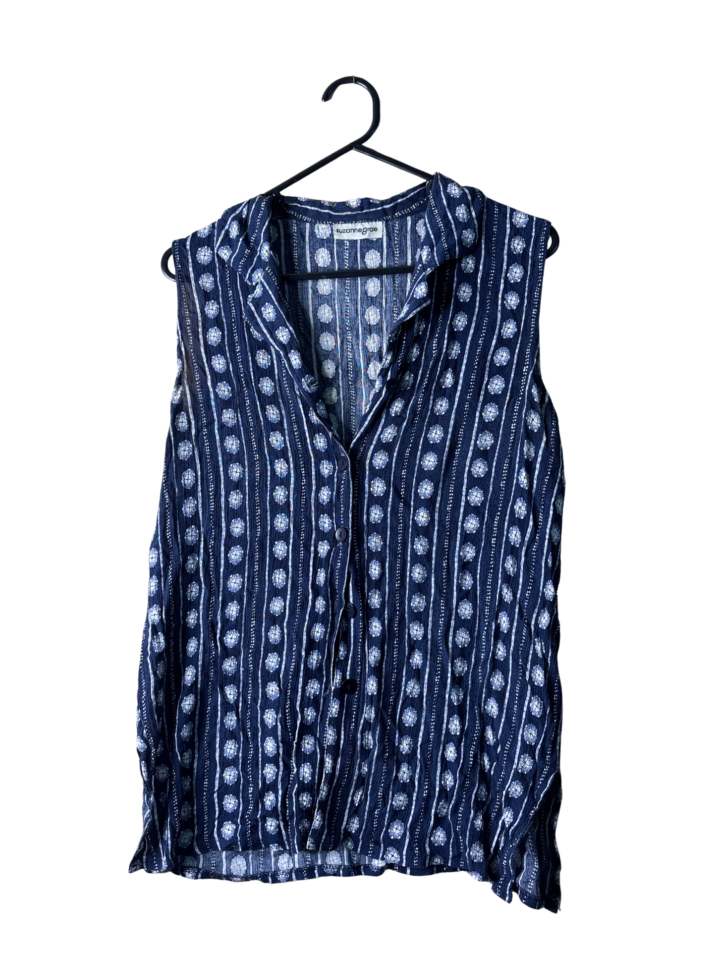 Vintage Dark Blue & White Pattern Sleeveless Button Up Top