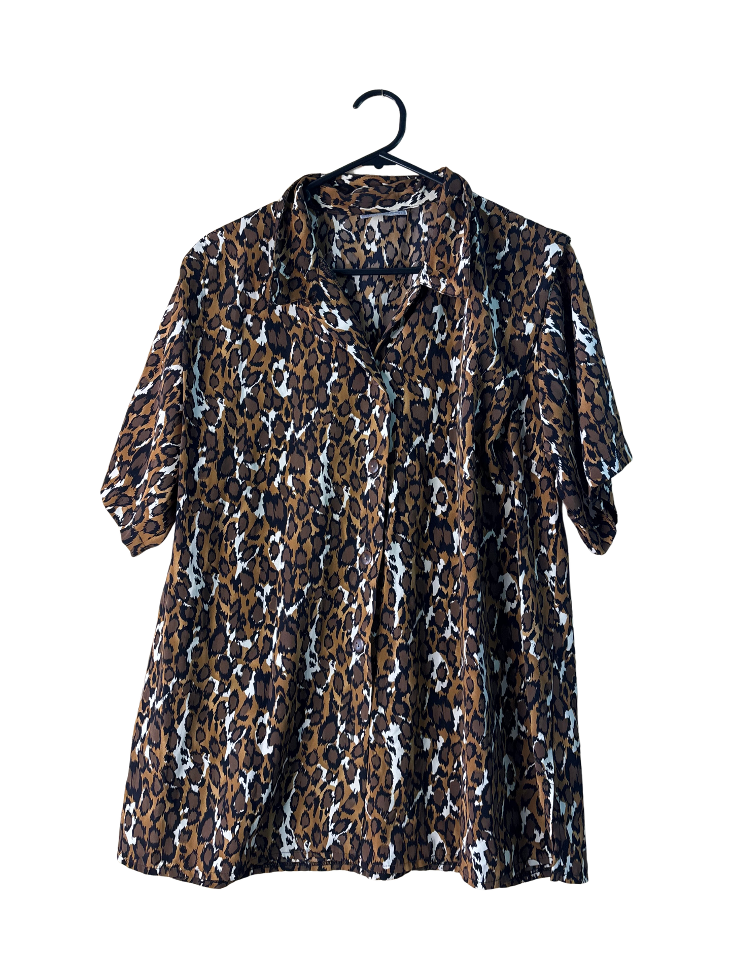 Vintage Brown & White Leopard Print Short Sleeve Button Up Top