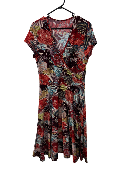 Red & Cream Pattern Cap Sleeve Faux Wrap Midi Dress