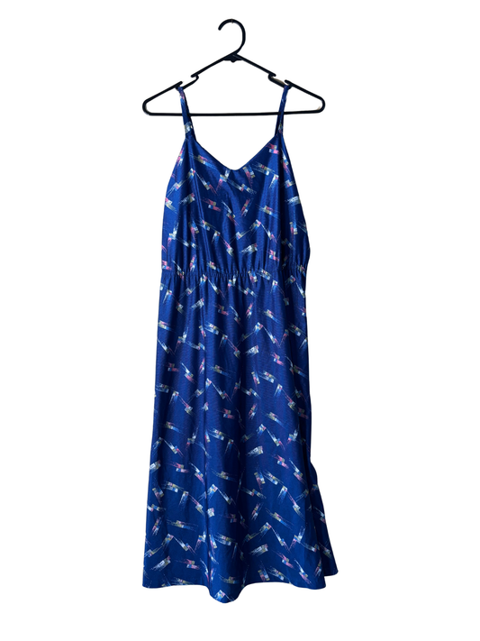 80s Dark Blue, Pink, White Pattern Strappy Midi Dress