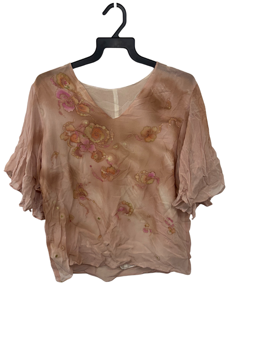 Vintage Light Pink & Cream Chiffon Pattern Short Sleeve Top