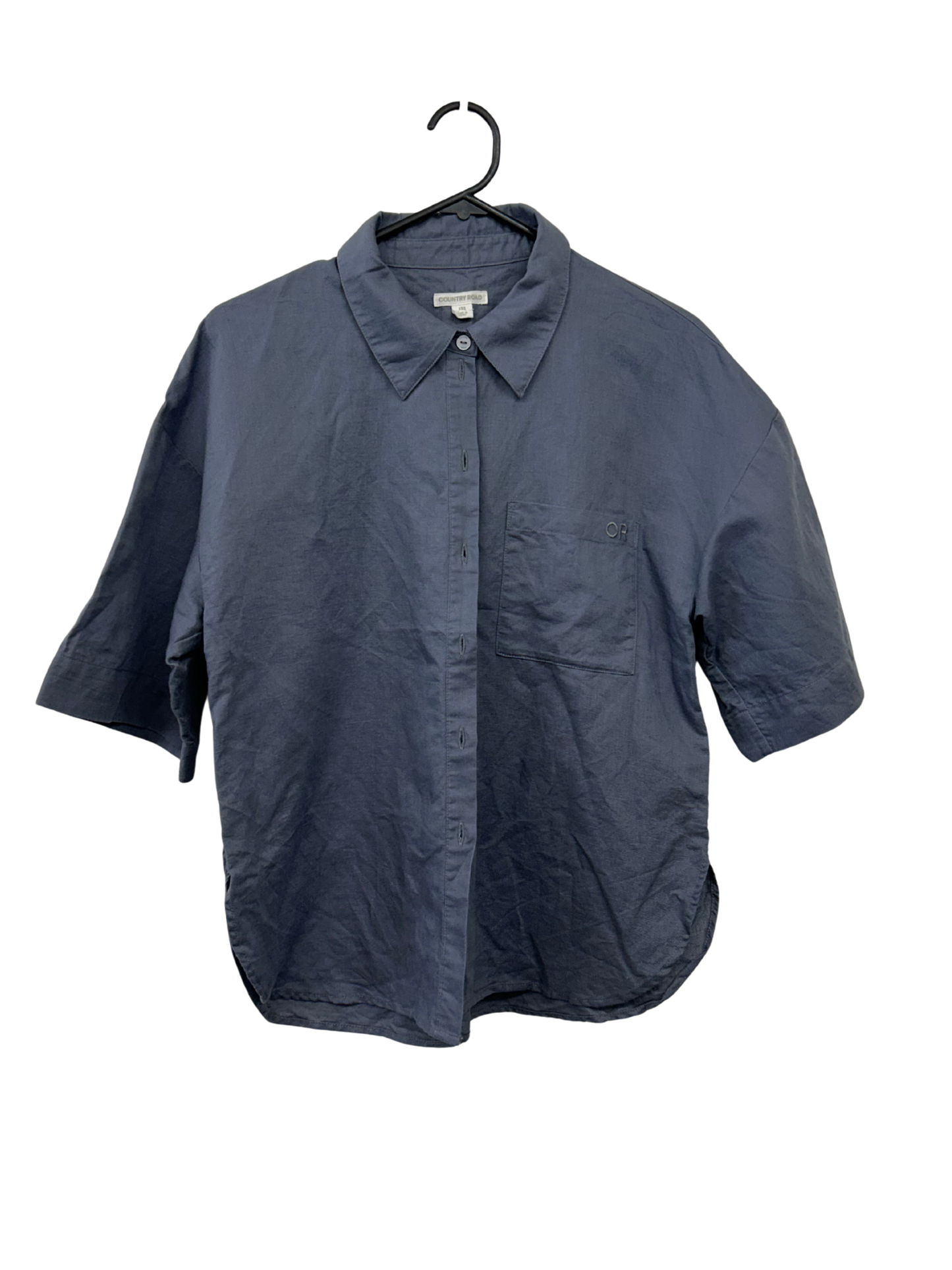 Grey Oversized Short Sleeve Button Shirt with 'CR' Embriodery
