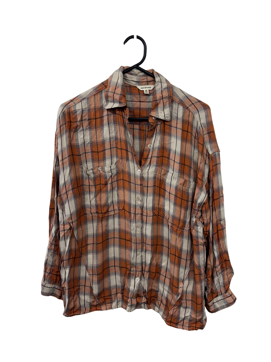 Orange, Black, Cream Check Long Sleeve Boxy Button Up Shirt