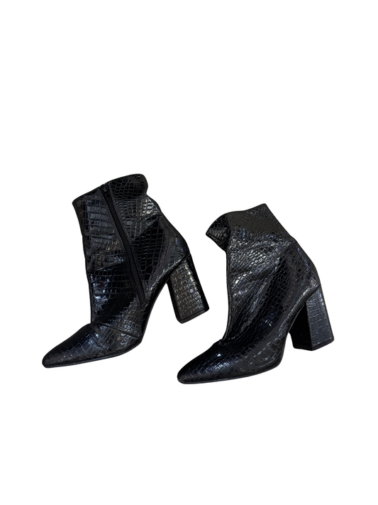 Black Faux Snakeskin Heel Above Ankle Boots