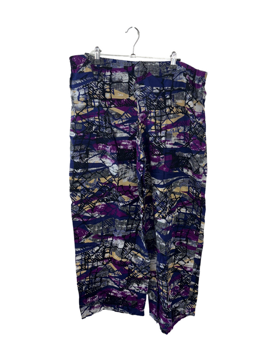 90s Blue/Purple/Black Dark Multicolour Abstract Print Wide Leg Ankle Length Pants