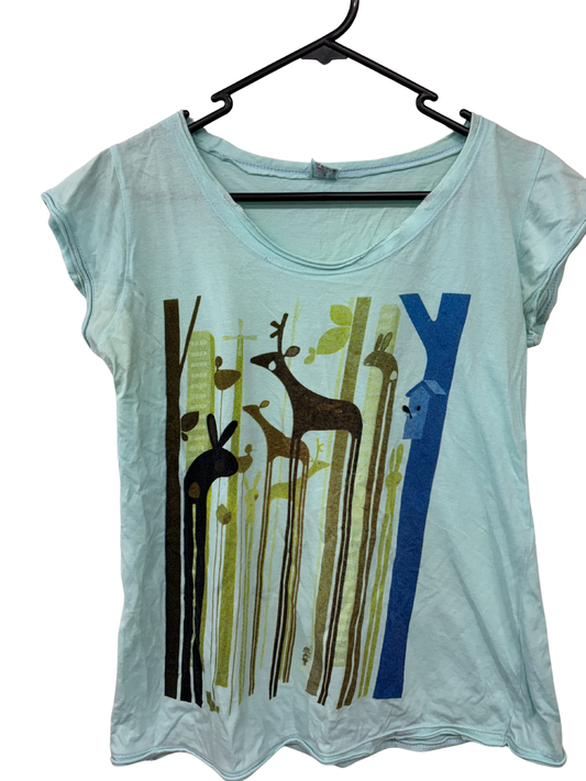 Light Blue Cap Sleeve T Shirt with Forest Animal Print