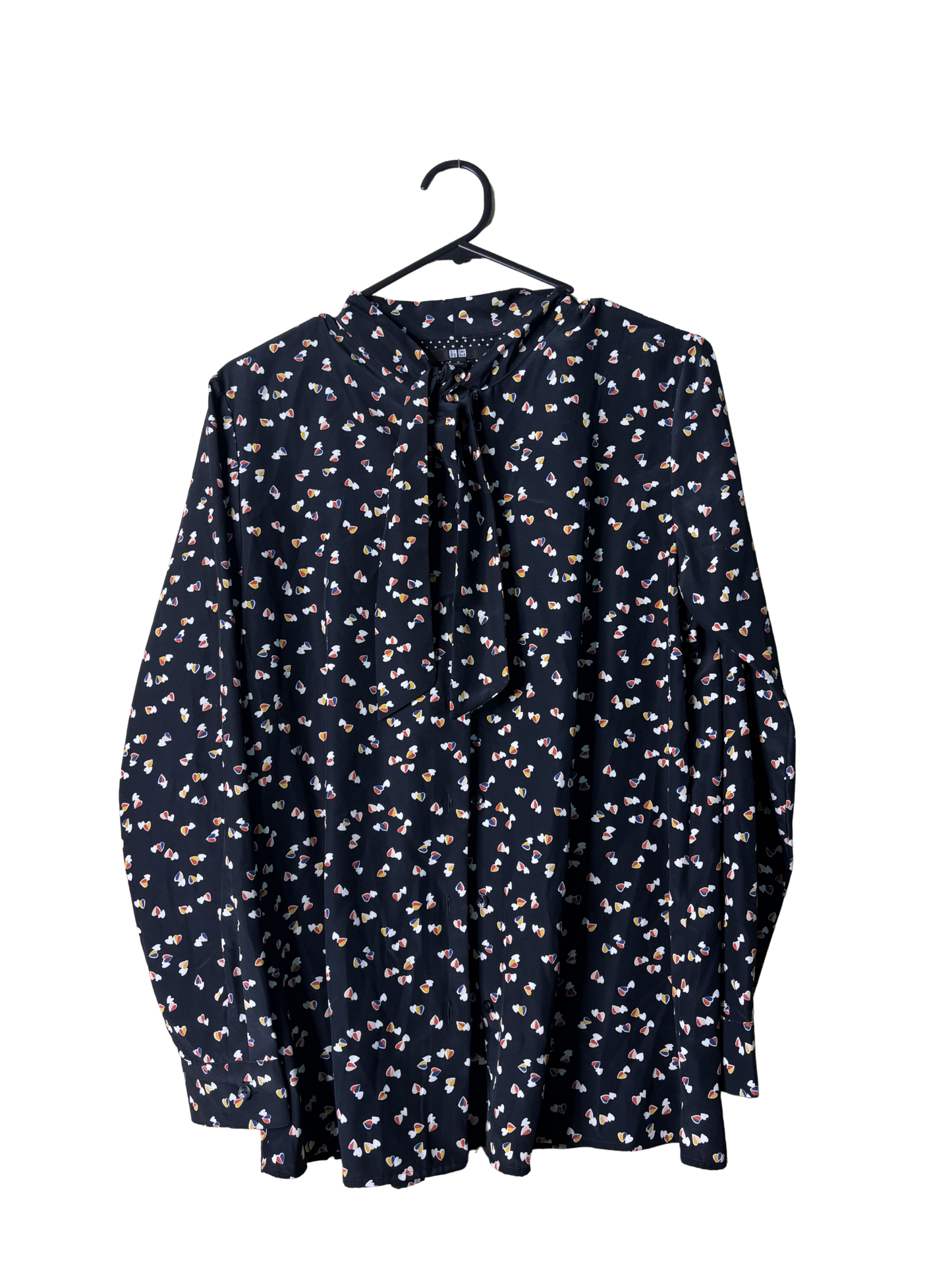 Black Long Sleeve Tie Neck Red & White Heart Pattern Button Up Shirt