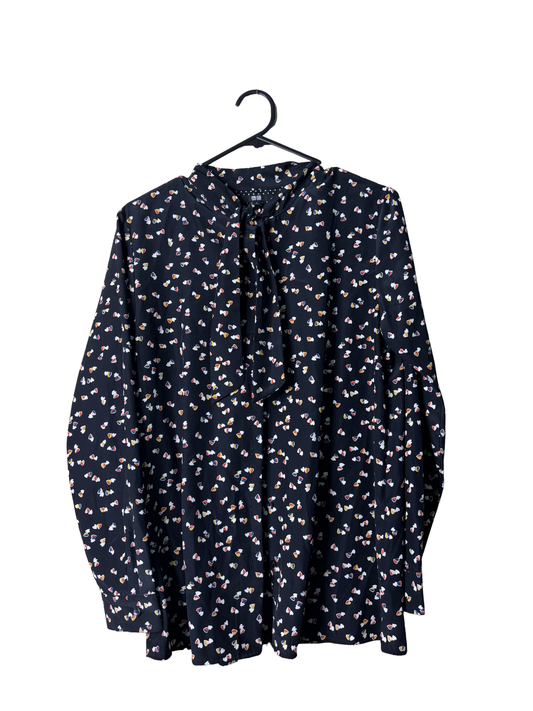 Black Long Sleeve Tie Neck Red & White Heart Pattern Button Up Shirt