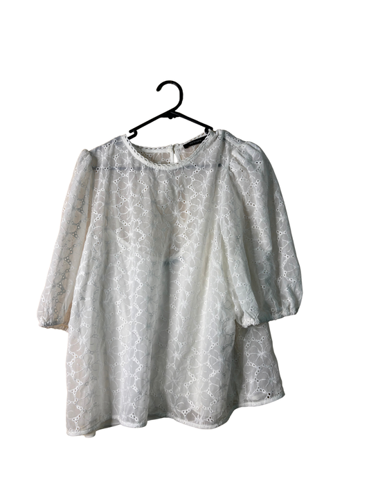 White Short Puffy Sleeve Brocade Lace Top (with Singlet)
