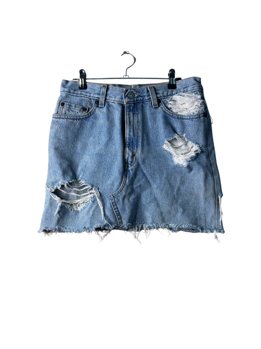 Vintage Light Blue Denim Distressed Highwaisted Skirt