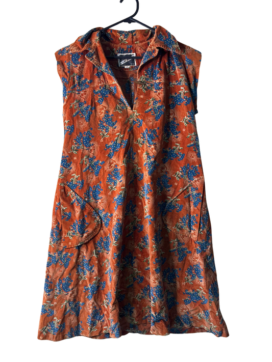 Vintage Orange & Blue Floral Corduroy Dress