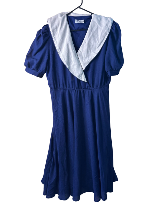 Vintage Dark Blue Short Sleeve Midi Dress with Large White Sailor Collar