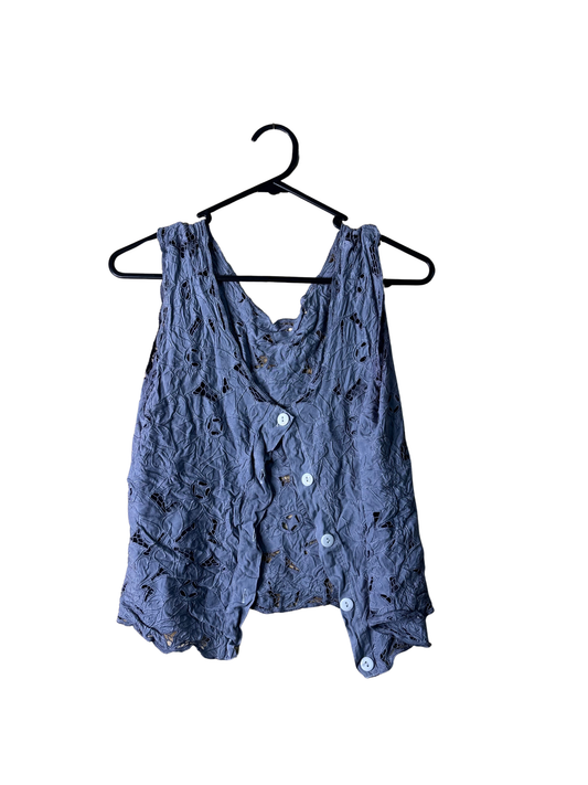 Blue Cutout Lace Button Up Crop Top