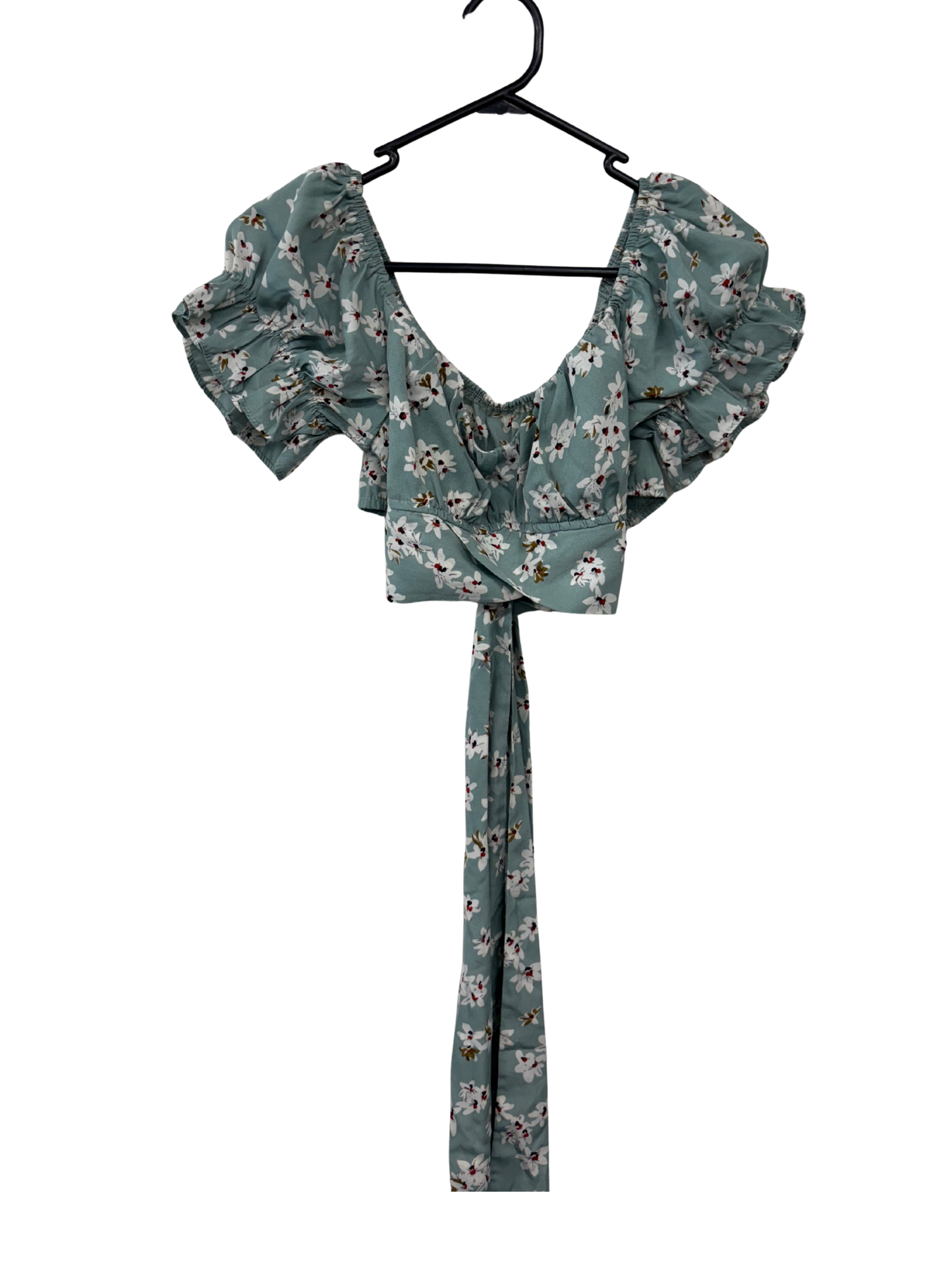 Green & White Floral Pattern Short Sleeve Cropped Wrap Top