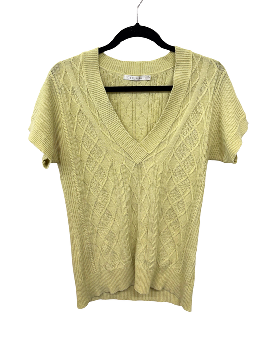 Yellow Short Sleeve Cable Knit V-Neck Top
