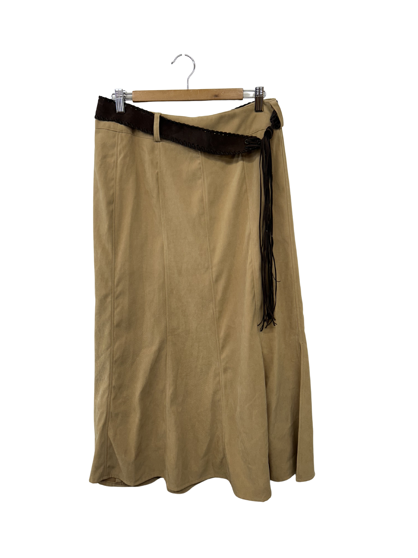 00s Tan Faux Suede Maxi Skirt with Brown Belt