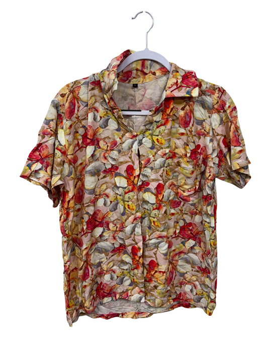 Cream, Pink Frangapani Short Sleeve Button Up Shirt