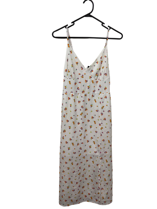 White, Pink & Orange Floral Print Thin Strap Midi Dress