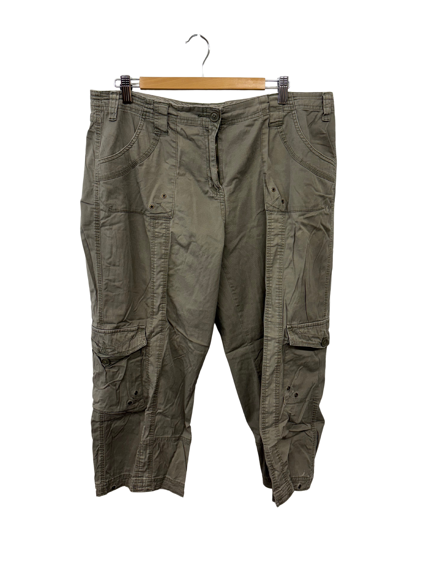 Khaki Low Rise Cargo Capri 3/4 Pants with Stitched Panels