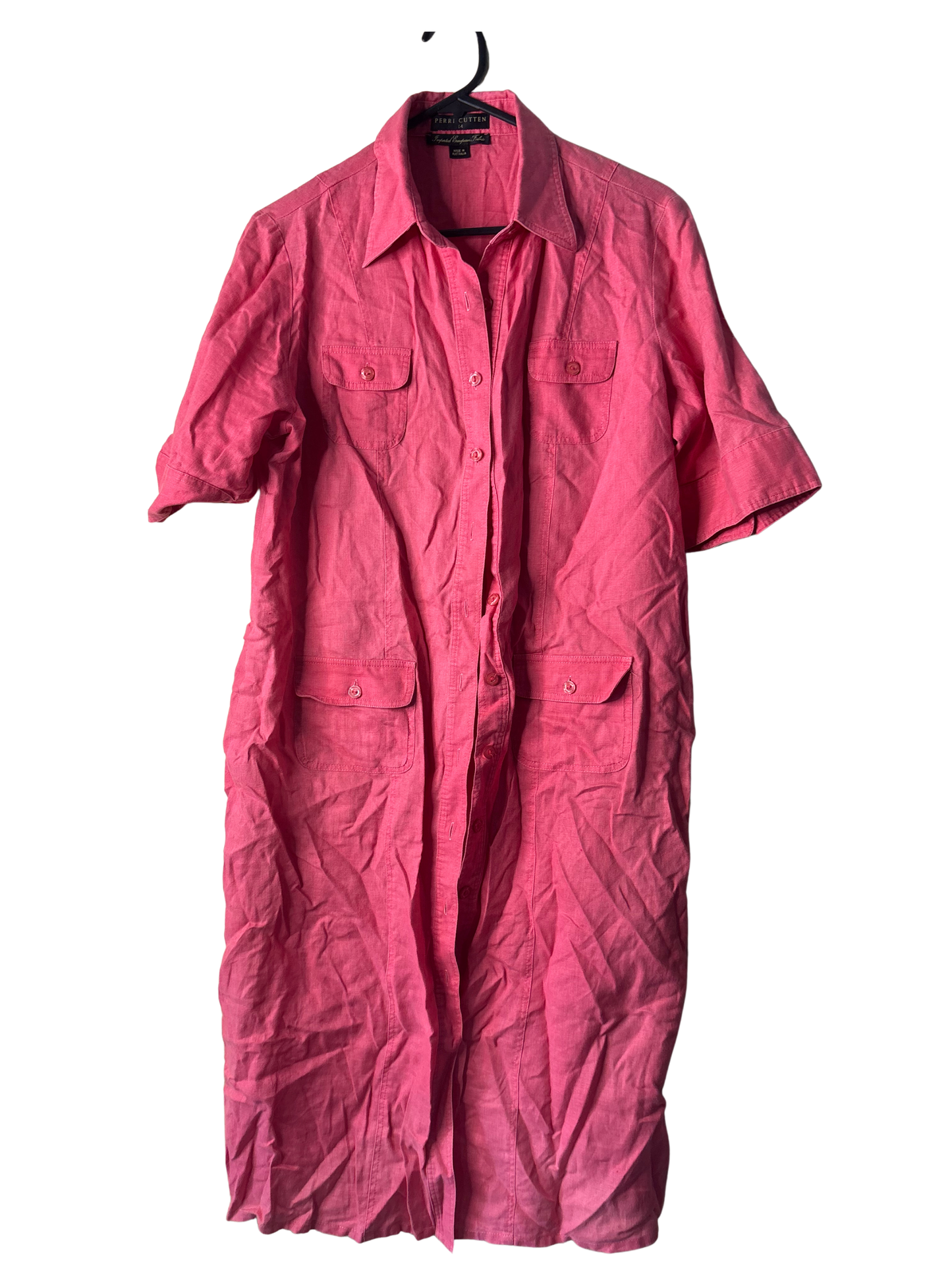 Vintage Hot Pink Short Sleeve Button Up Midi Dress