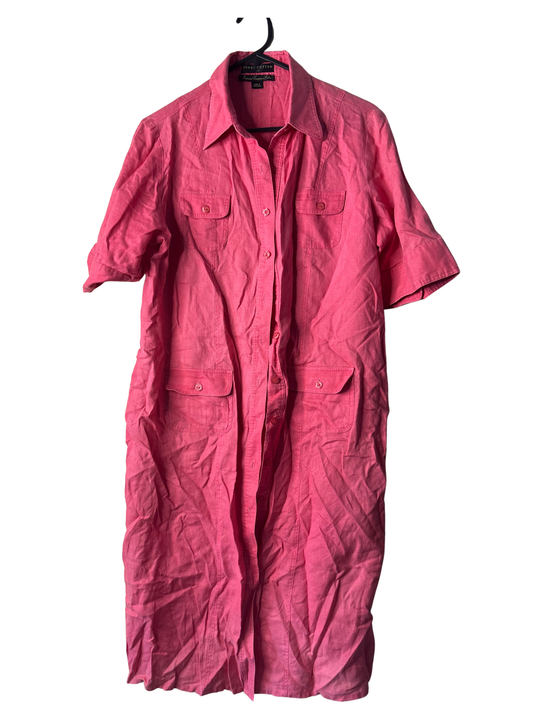 Vintage Hot Pink Short Sleeve Button Up Midi Dress
