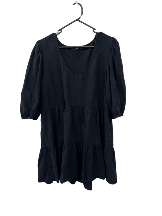 Black Puffy Sleeve Tiered V Neck Short Dress