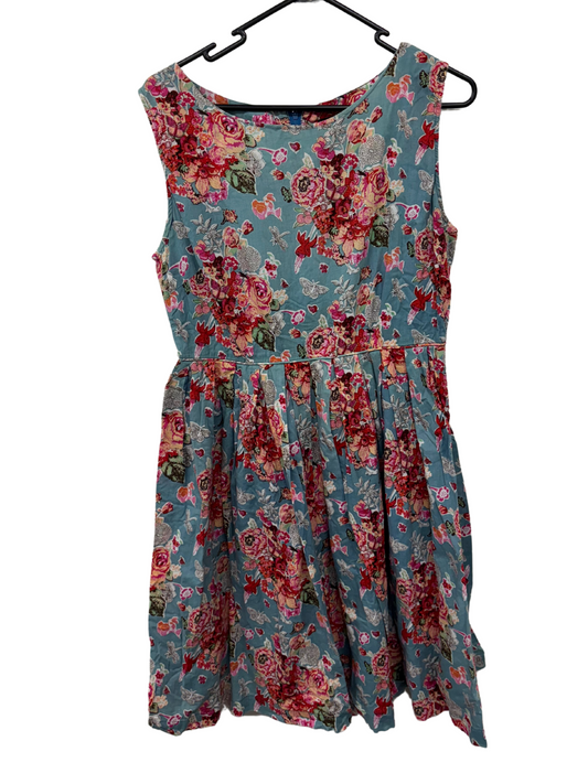 Blue, Pink, Red Floral Print Sleeveless Knee Length Dress