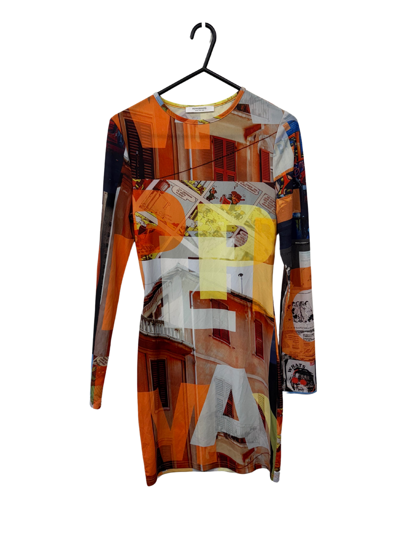 Orange & Multicolour Photo + Text Print Long Sleeve Short Dress