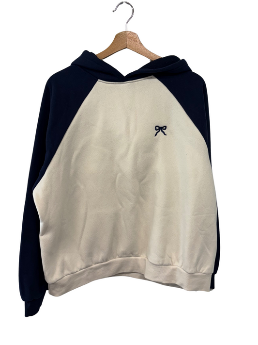 Cream & Dark Blue Hoodie with Blue Bow