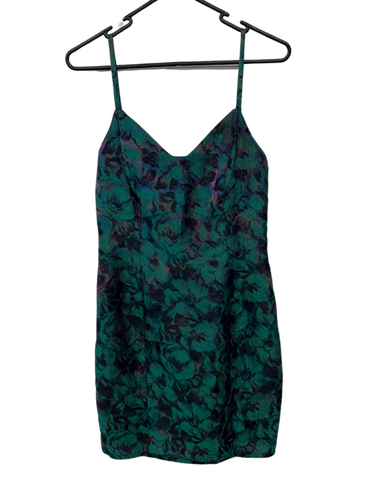 Vintage Green, Black, Pink Floral Print Strappy Knee Length Dress