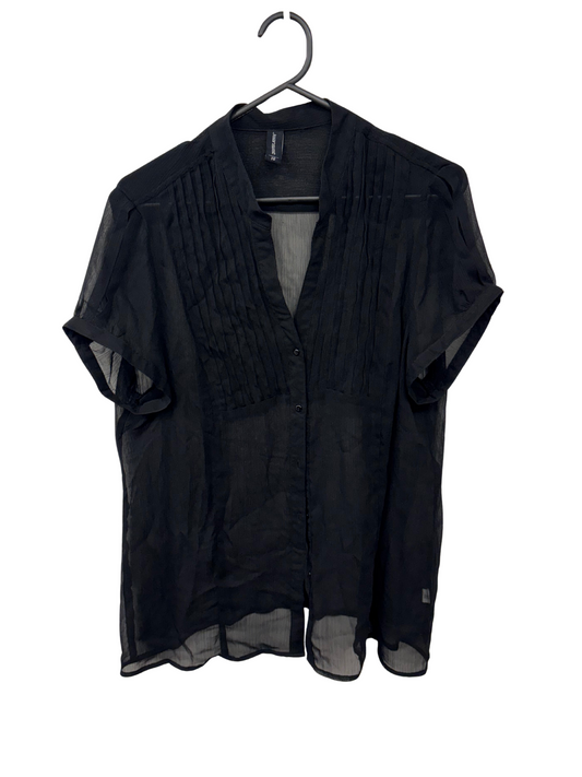 Black Sheer Short Sleeve Button Up Pleated Top