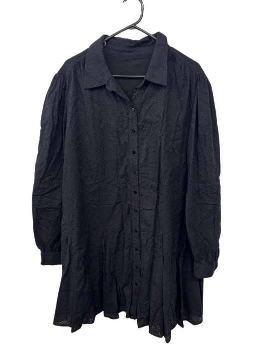 Black Anglaise Brocade Long Sleeve Button Up Short Dress