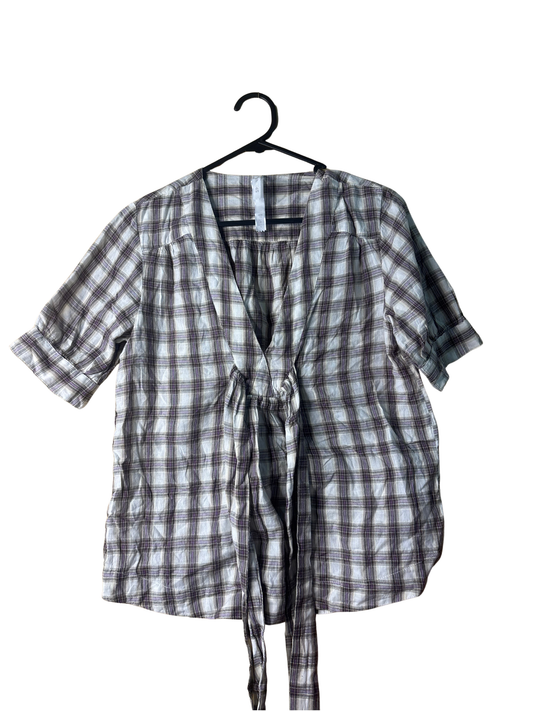 Cream, Purple, Black Check Half Sleeve Top