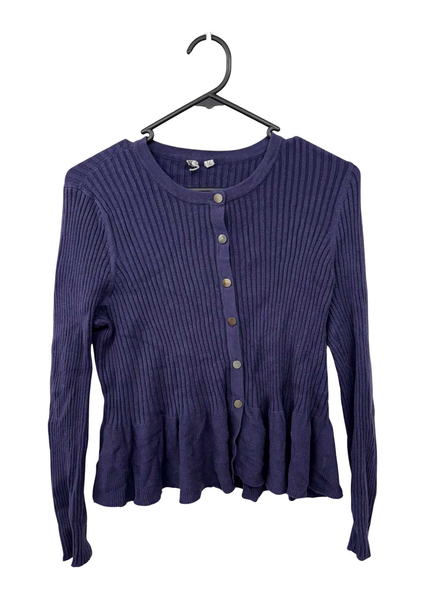 Dark Blue Button Up Ribbed Cardigan with Slight Ruffle
