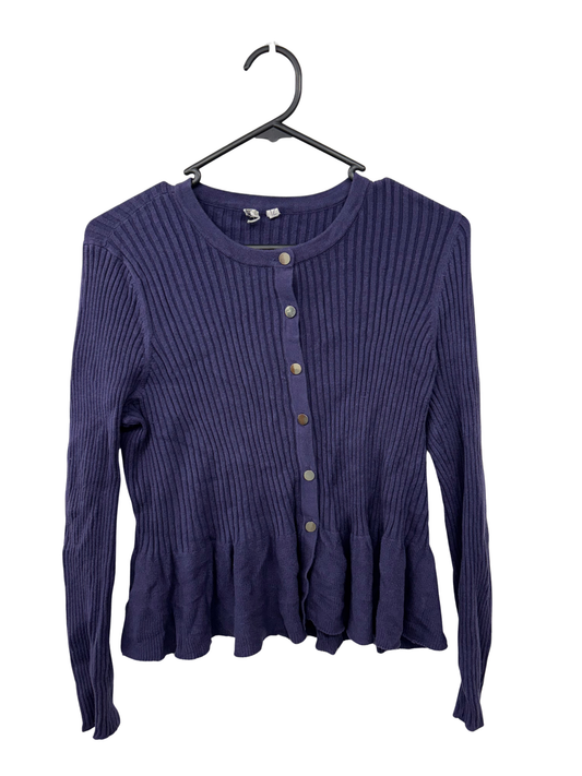 Dark Blue Button Up Ribbed Cardigan with Slight Ruffle