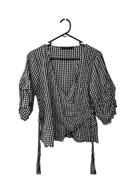 Black & White Check Ruched Sleeve Faux Wrap Top
