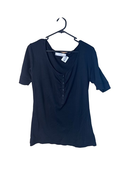 Black Short Sleeve V-Neck Top with Buttons