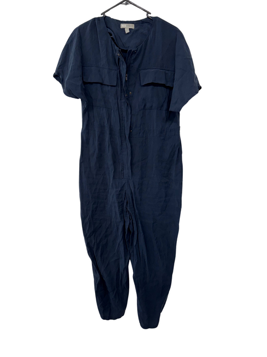 Dark Blue Short Sleeve Straight Leg Zip Up Jumpsuit