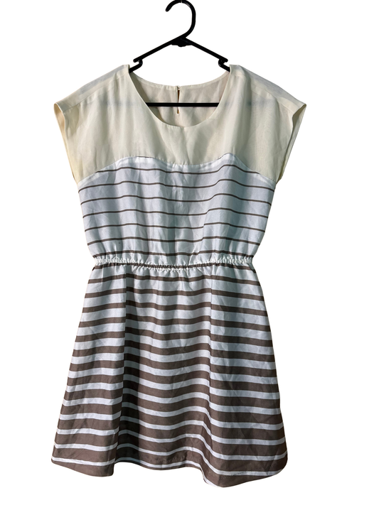 Vintage White, Cream, Brown Stripe Sleeveless Short Dress