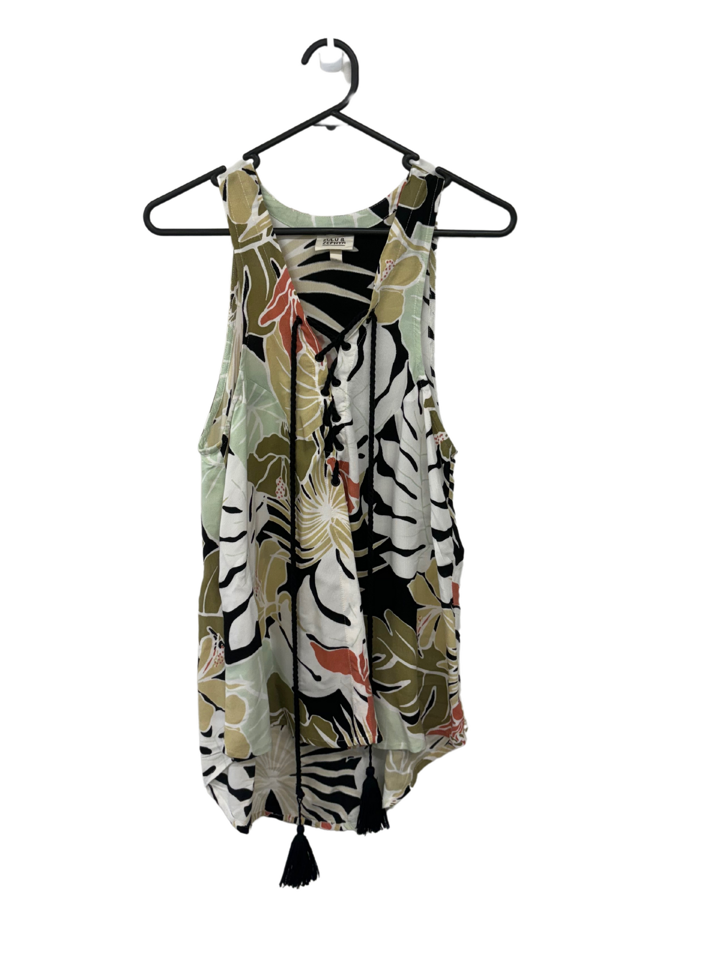 White, Black, Green Leaf Print Sleeveless Top