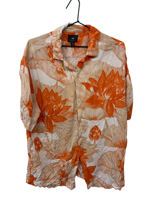 Cream & Orange Floral Print Short Sleeve Button Up Shirt