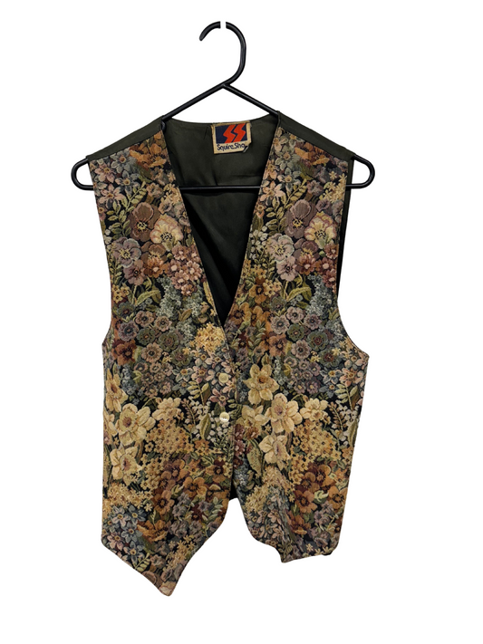 Vintage Green and Beige Floral Tapestry Vest