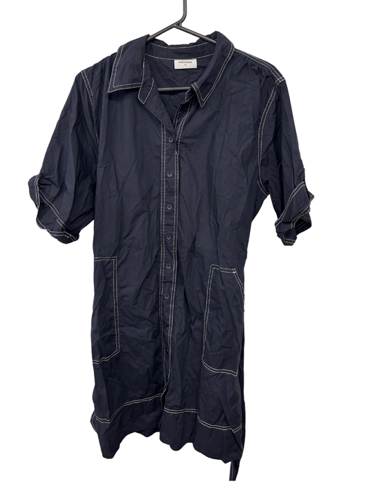 Dark Blue Short Sleeve Button Up Shirt with White Contrast Stitch