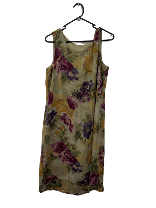 00s Green Floral Print Sleeveless Dress with Ruffle