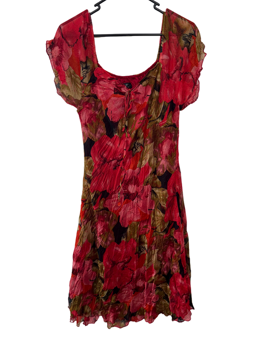 Vintage Red, Black, Green Floral Print Short Sleeve Midi Dress